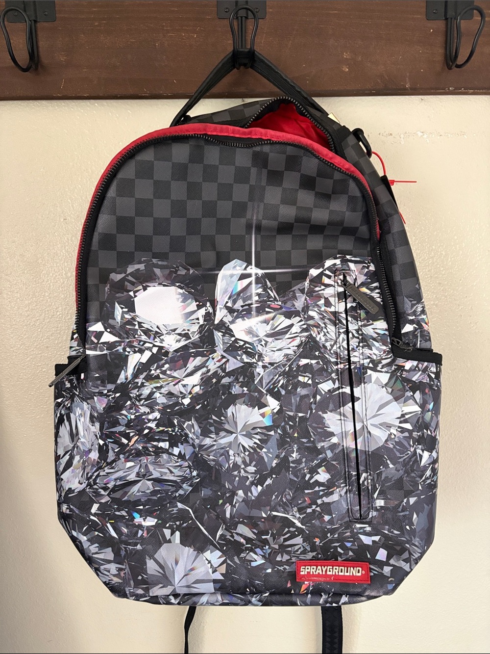 Sprayground Black Checker & Crystal Graphic Backpack with Red Trim